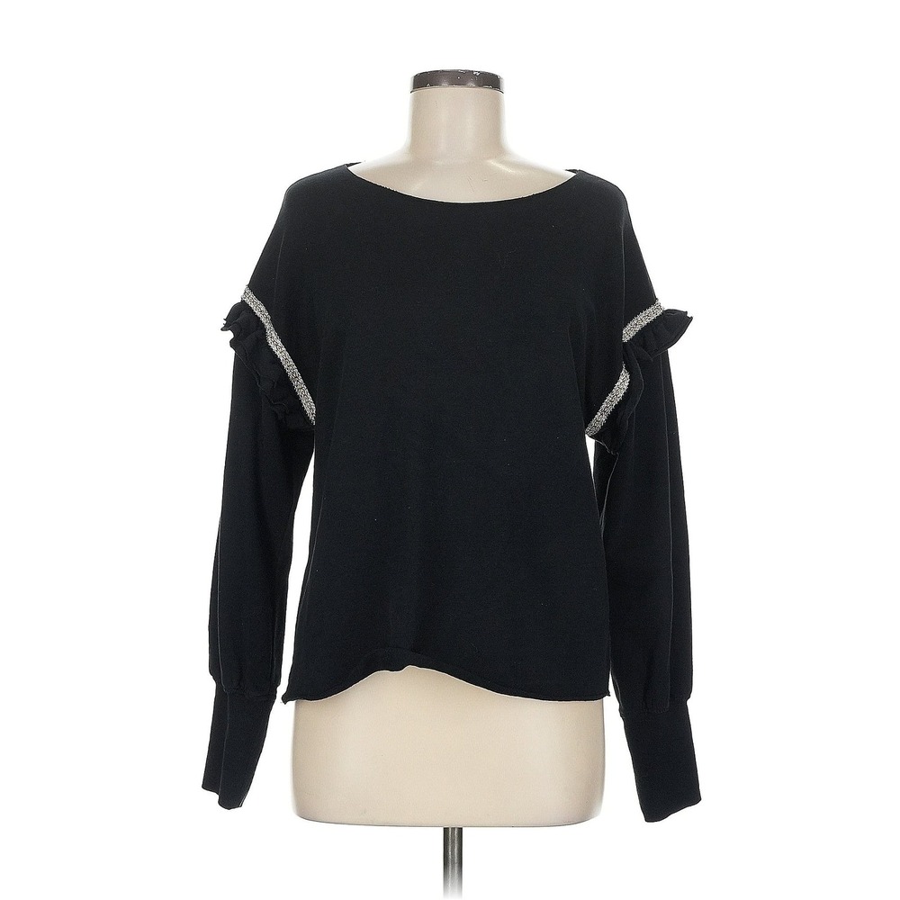 Sundays One Top Womens XS Black Ruffle Shoulder Metallic Trim Long Sleeve Boho
